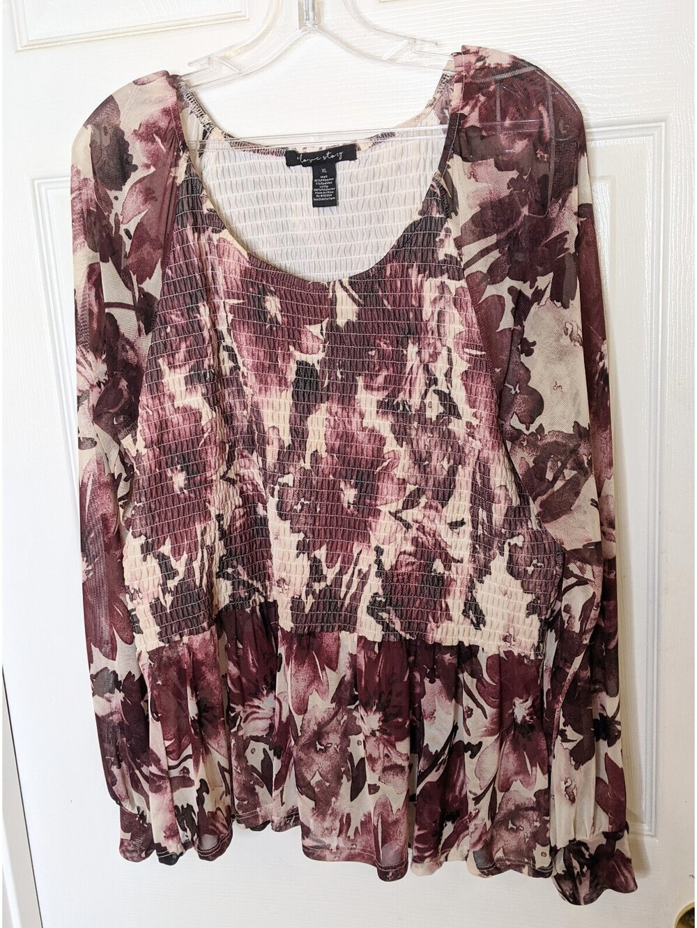 A Love Story Women's Sheer Mesh Floral Smocked Long Sleeve Top Blouse Size XL